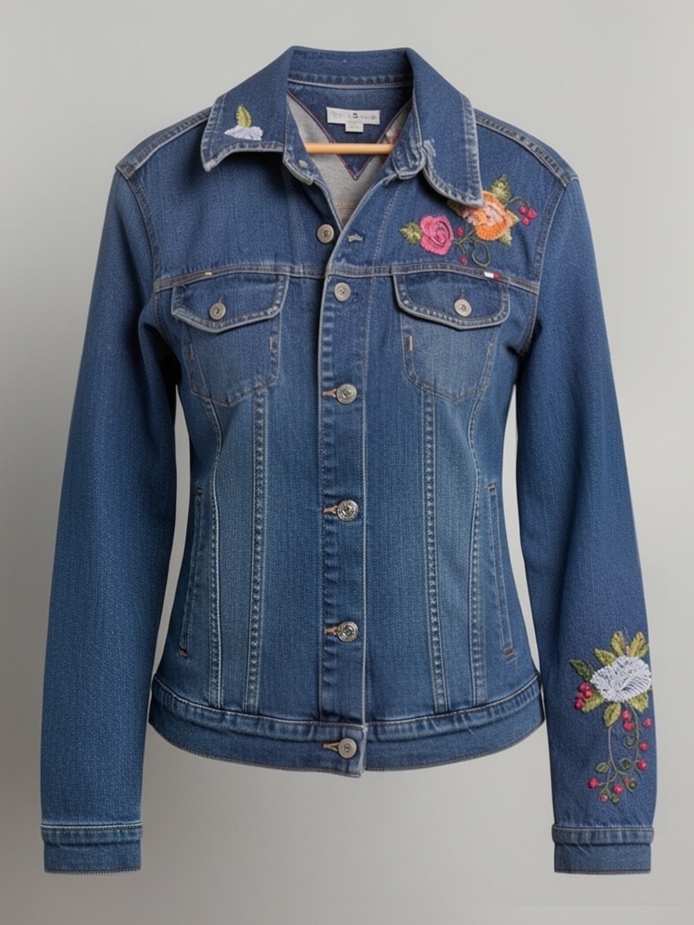 Vintage Y2K Tommy Hilfiger Blue Embroidered Floral Denim Jacket